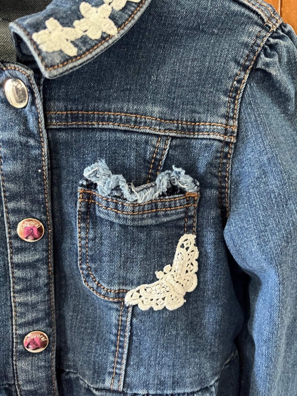 Mayoral Dark Blue Denim Jacket with White Lace Appliqué - Picture 5 of 12